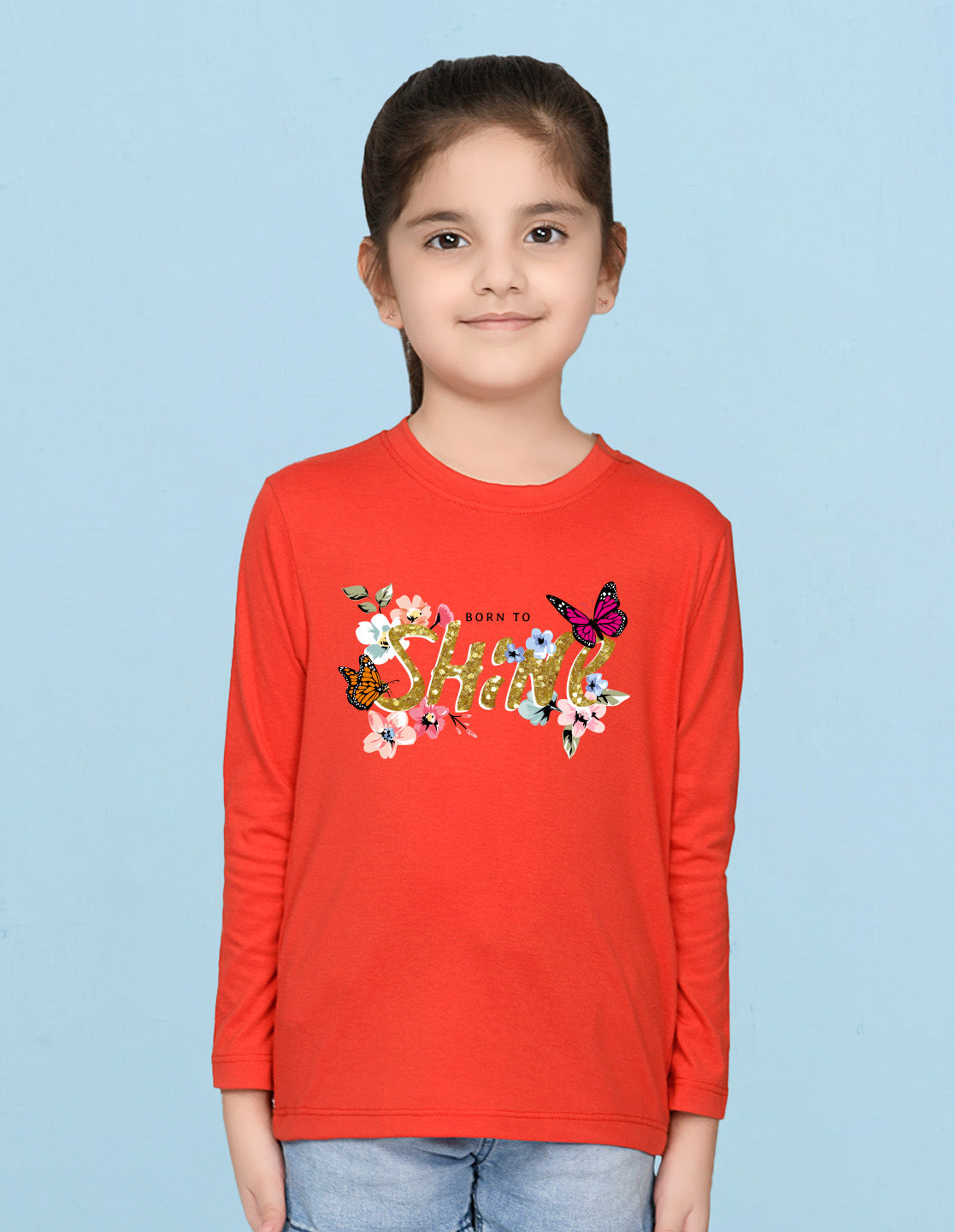 NUSYL Cotton blend full sleeves Born to shine text  Printed Tee-Red