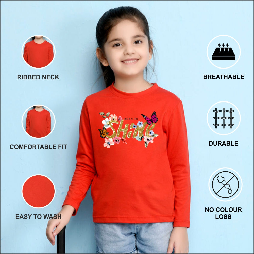 NUSYL Cotton blend full sleeves Born to shine text  Printed Tee-Red