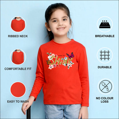 NUSYL Cotton blend full sleeves Born to shine text  Printed Tee-Red
