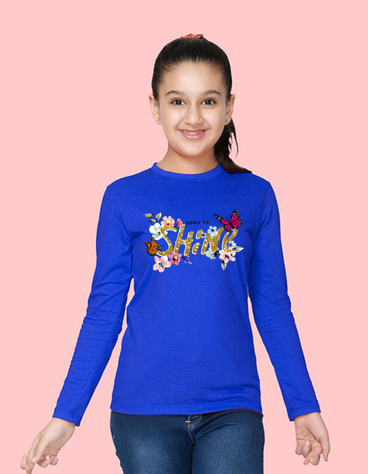 NUSYL Cotton blend full sleeves Born to shine text  Printed Tee-Royal Blue