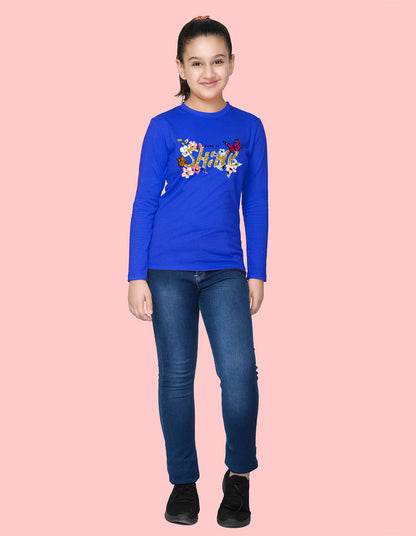 NUSYL Cotton blend full sleeves Born to shine text  Printed Tee-Royal Blue