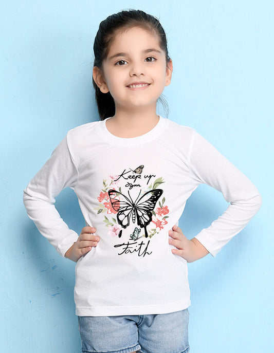 NUSYL Cotton blend full sleeves butterfly & text Printed Tee-White