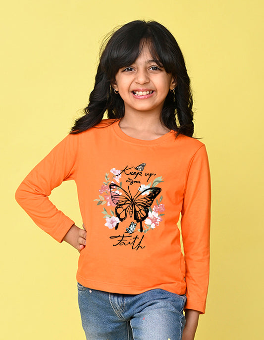 NUSYL Cotton blend full sleeves butterfly & text Printed Tee-Orange