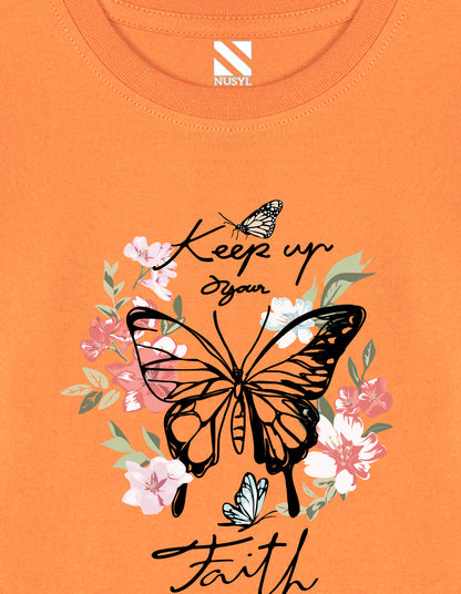 NUSYL Cotton blend full sleeves butterfly & text Printed Tee-Orange