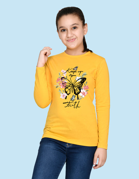 NUSYL Cotton blend full sleeves butterfly & text Printed Tee-Yellow