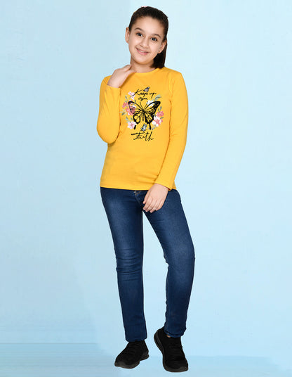 NUSYL Cotton blend full sleeves butterfly & text Printed Tee-Yellow