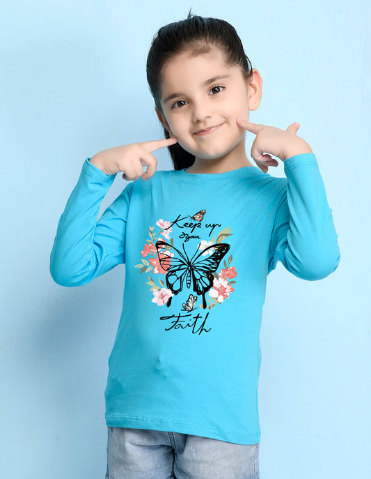 NUSYL Cotton blend full sleeves butterfly & text Printed Tee-Sky Blue