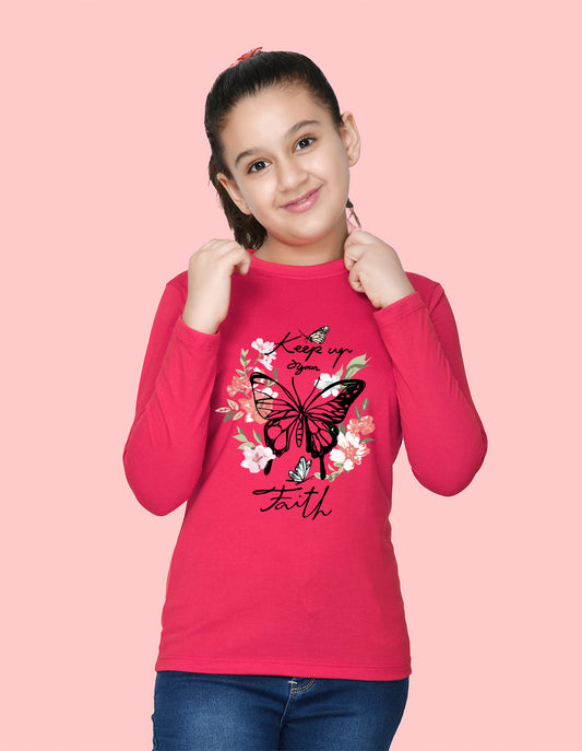 NUSYL Cotton blend full sleeves butterfly & text Printed Tee-Hot Pink