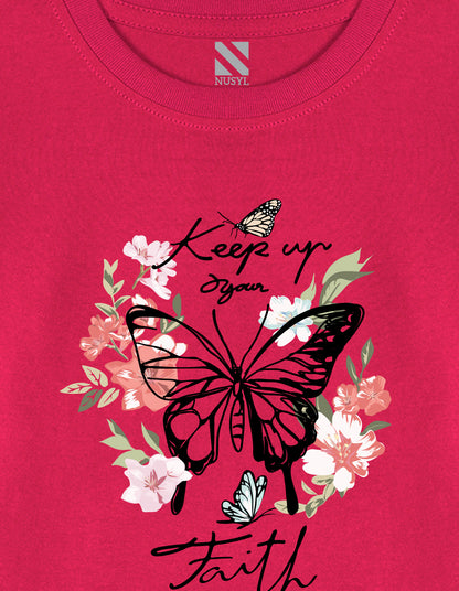 NUSYL Cotton blend full sleeves butterfly & text Printed Tee-Hot Pink