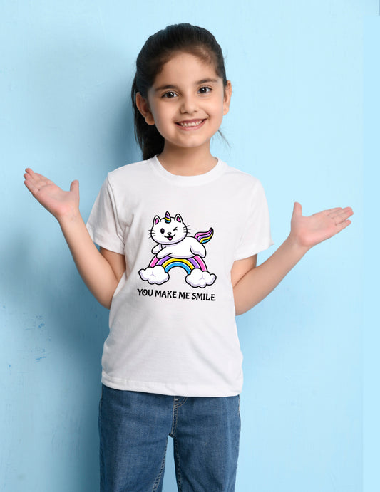 NUSYL Girls Half Sleeves White Cat printed T-shirt