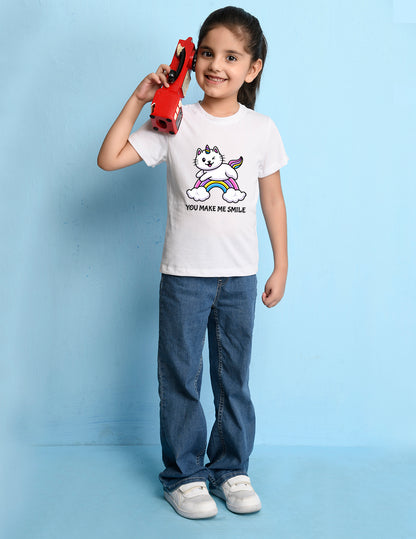NUSYL Girls Half Sleeves White Cat printed T-shirt
