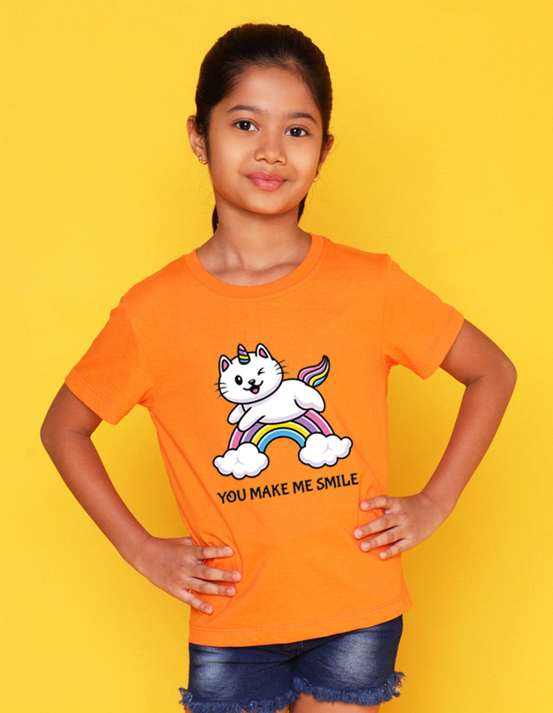 Nusyl Girls Orange Unicorn cat & rainbow Printed Half Sleeves T-Shirt