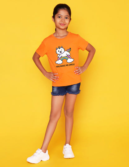 Nusyl Girls Orange Unicorn cat & rainbow Printed Half Sleeves T-Shirt