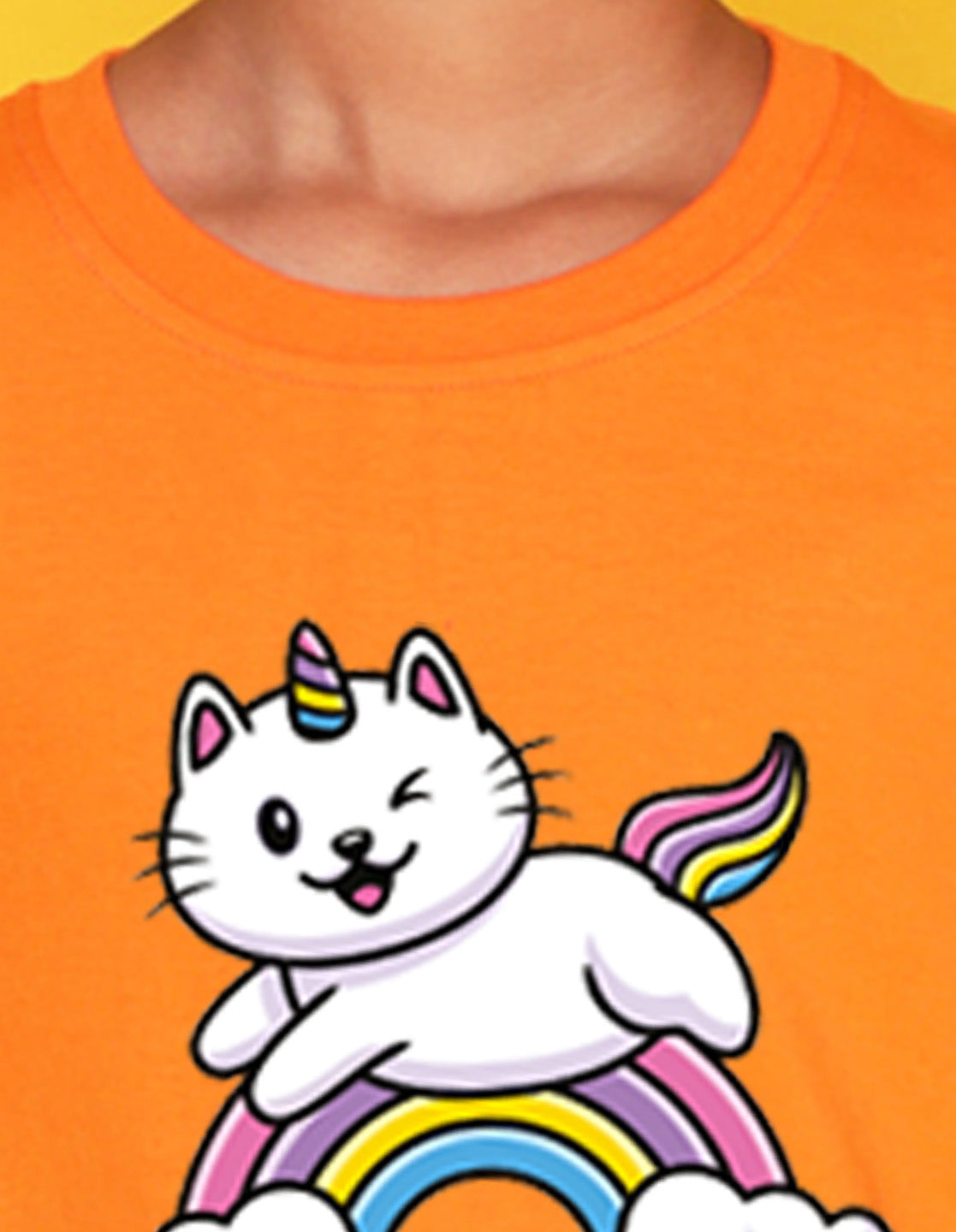 Nusyl Girls Orange Unicorn cat & rainbow Printed Half Sleeves T-Shirt