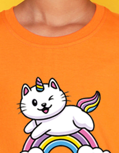Nusyl Girls Orange Unicorn cat & rainbow Printed Half Sleeves T-Shirt