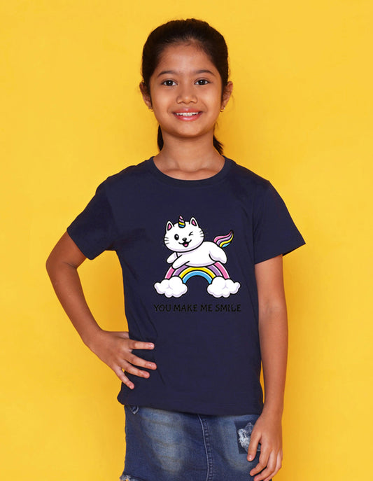 Nusyl Girls Navy Blue Unicorn cat & rainbow Printed Half Sleeves T-Shirt