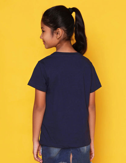 Nusyl Girls Navy Blue Unicorn cat & rainbow Printed Half Sleeves T-Shirt