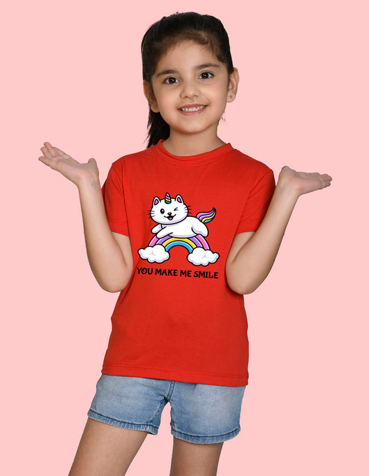 NUSYL Girls Half Sleeves Red Cat printed T-shirt