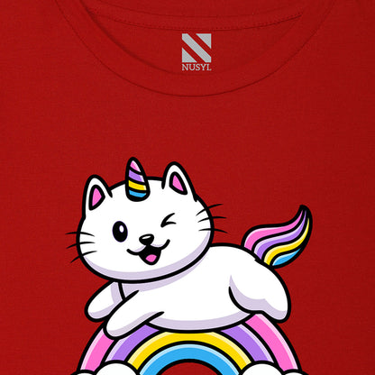 NUSYL Girls Half Sleeves Red Cat printed T-shirt