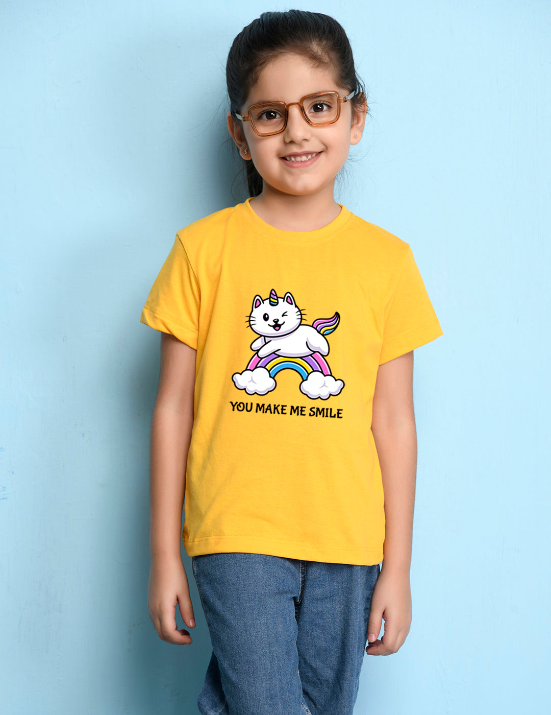 NUSYL Girls Half Sleeves Yellow Cat printed T-shirt