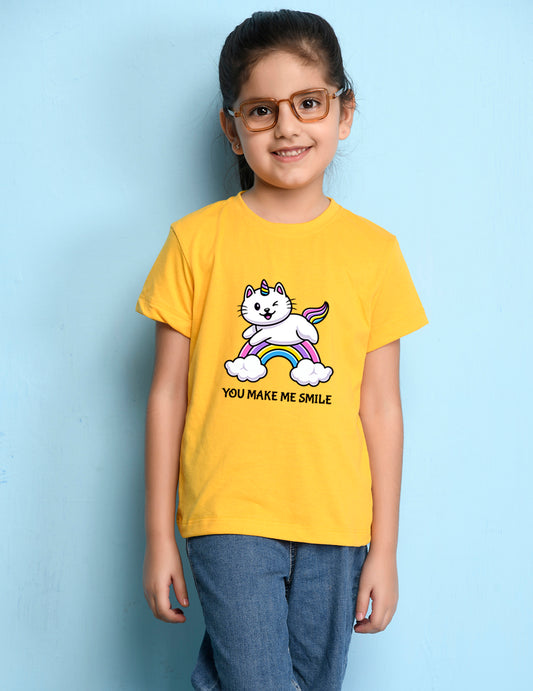 NUSYL Girls Half Sleeves Yellow Cat printed T-shirt