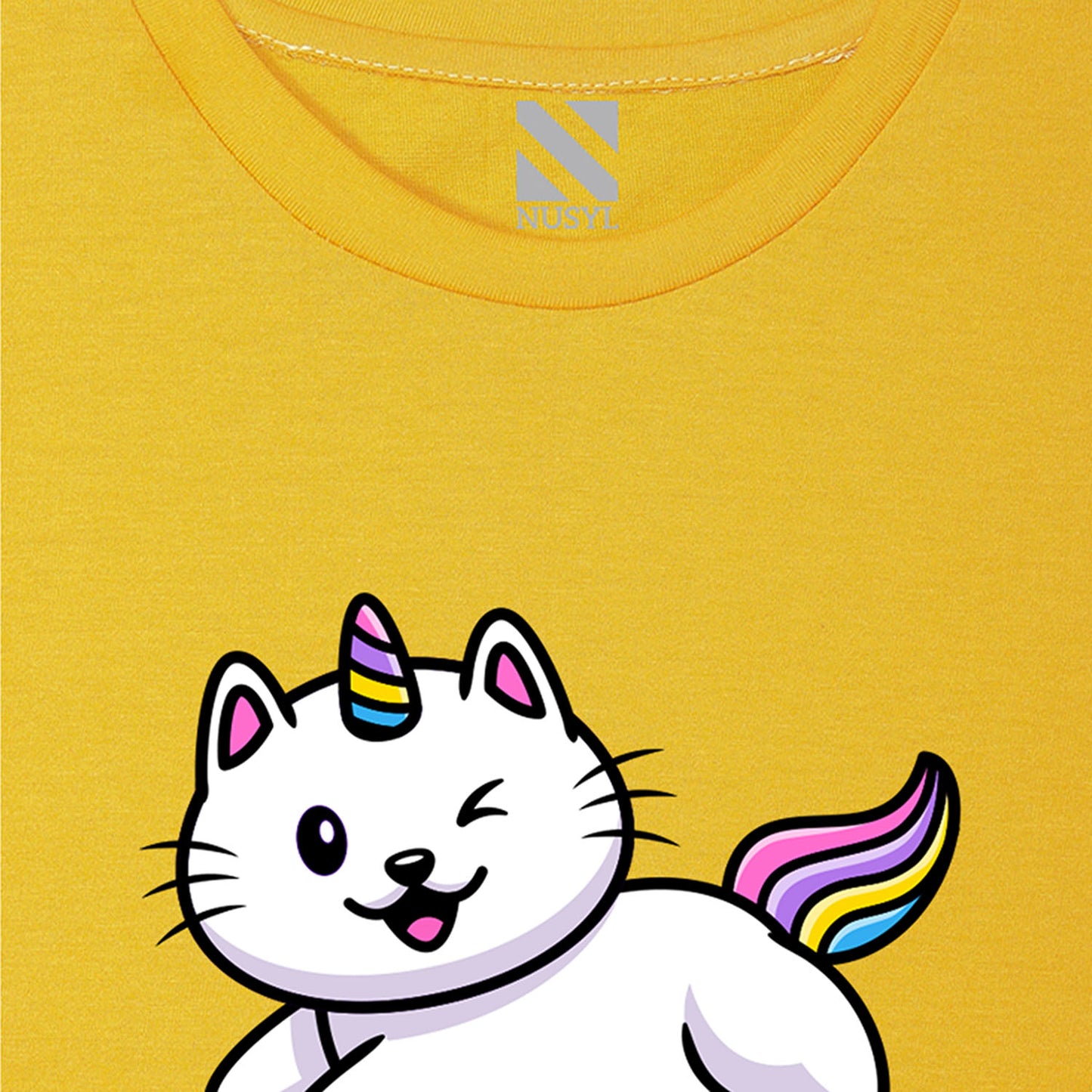 NUSYL Girls Half Sleeves Yellow Cat printed T-shirt