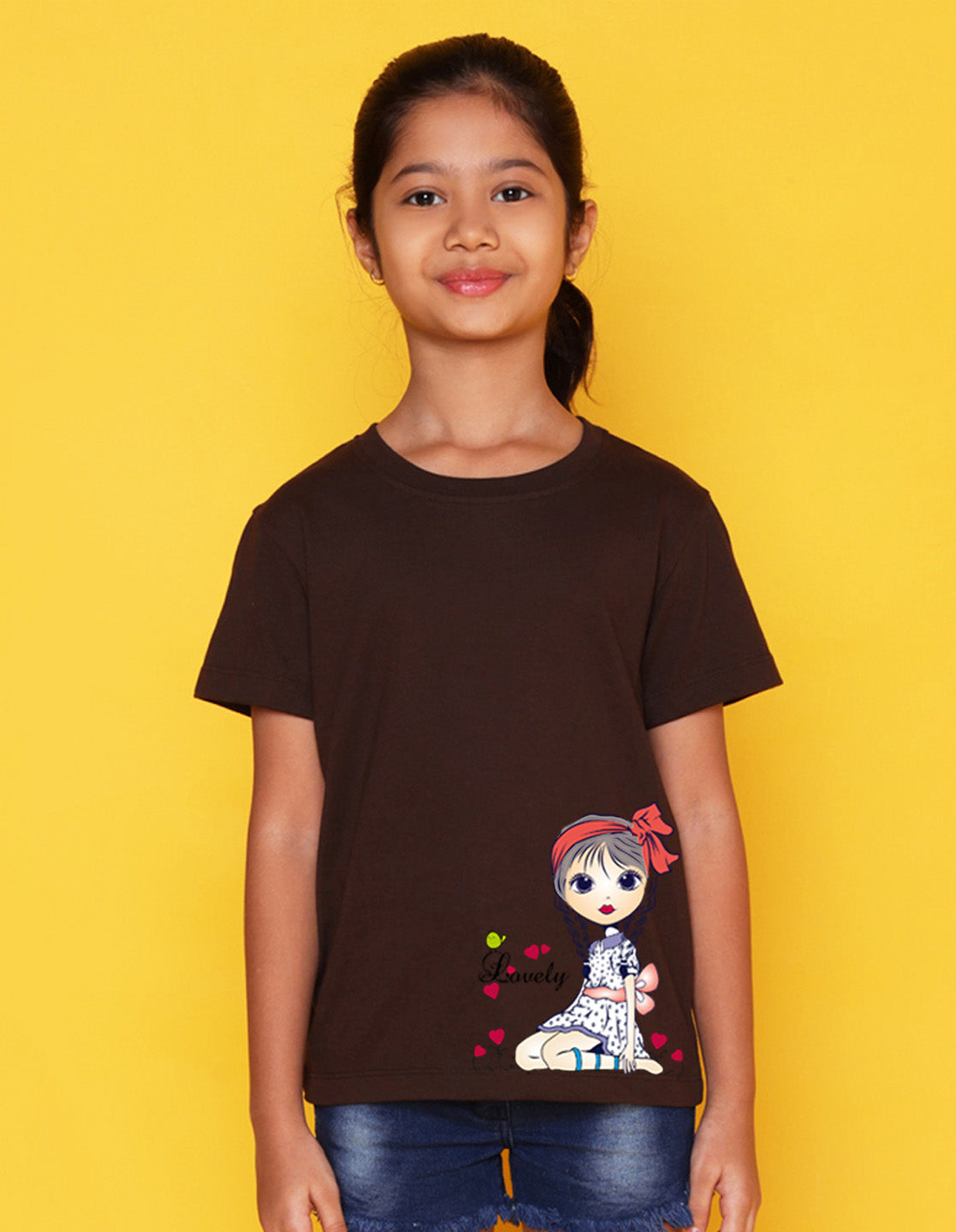 Nusyl Girls Brown Pretty Girl  Printed Half Sleeves T-Shirt