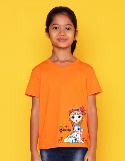 Nusyl Girls Orange Pretty Girl  Printed Half Sleeves T-Shirt