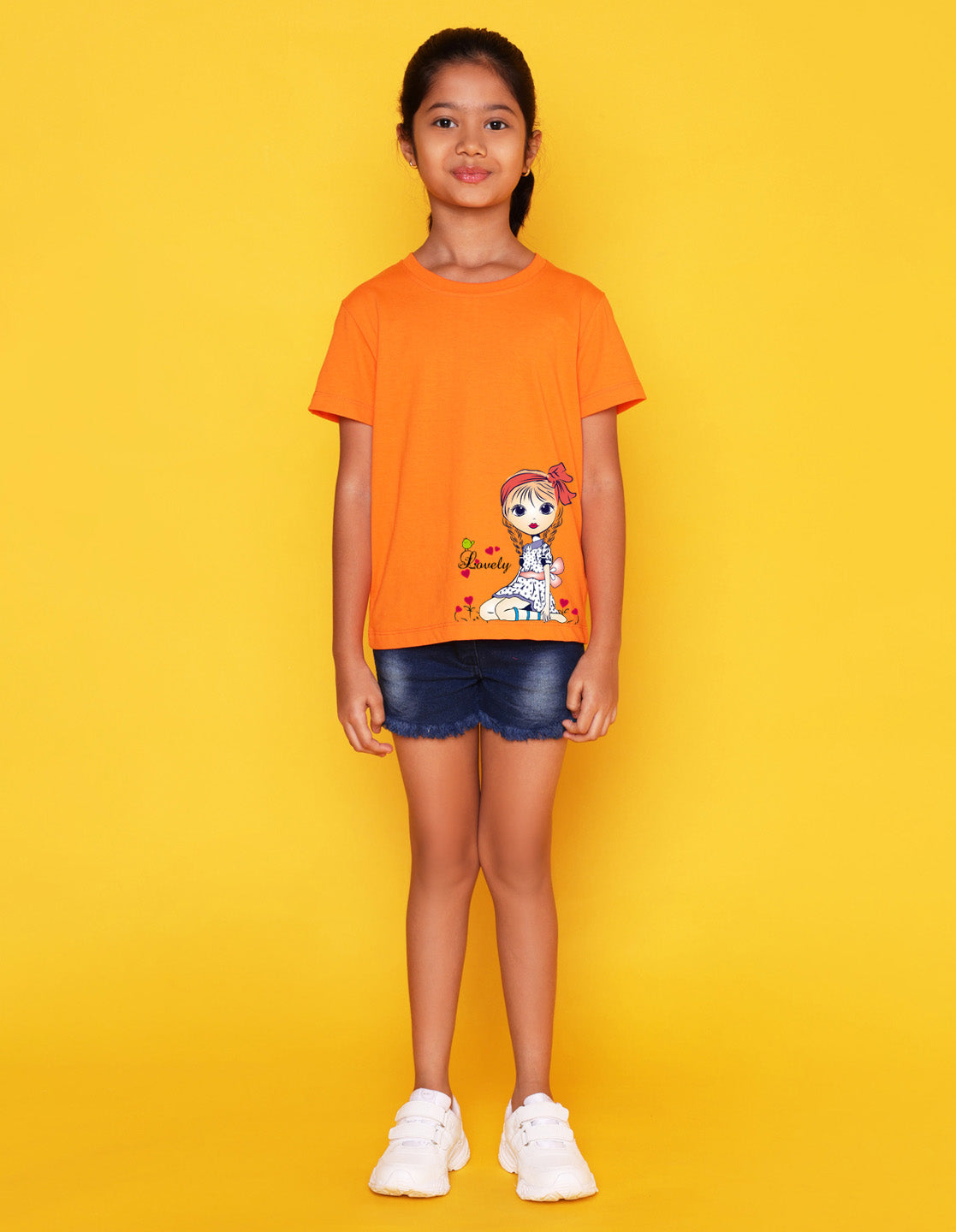 Nusyl Girls Orange Pretty Girl  Printed Half Sleeves T-Shirt