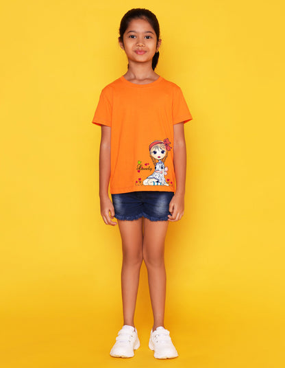 Nusyl Girls Orange Pretty Girl  Printed Half Sleeves T-Shirt