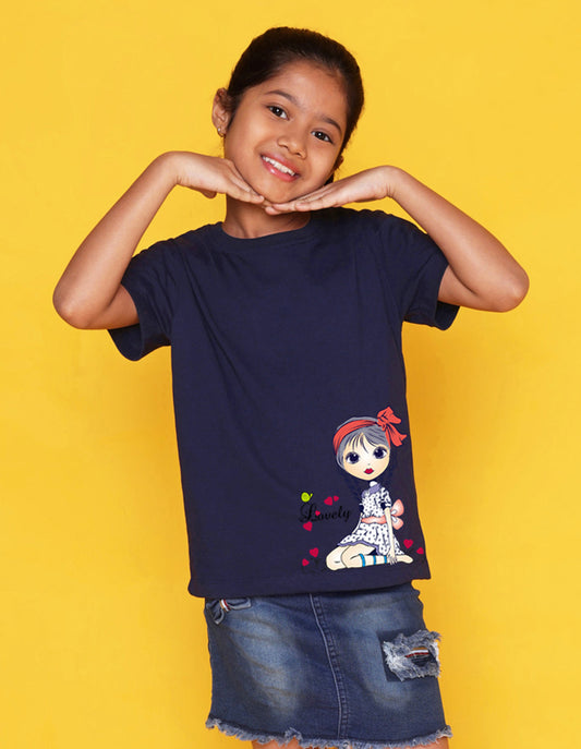 Nusyl Girls Navy Blue Pretty Girl  Printed Half Sleeves T-Shirt