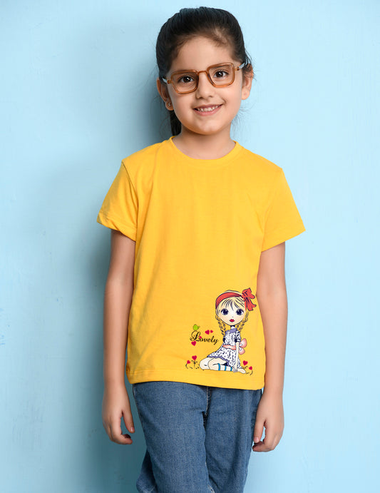 NUSYL Girls Half Sleeves Yellow Lovely printed T-shirt