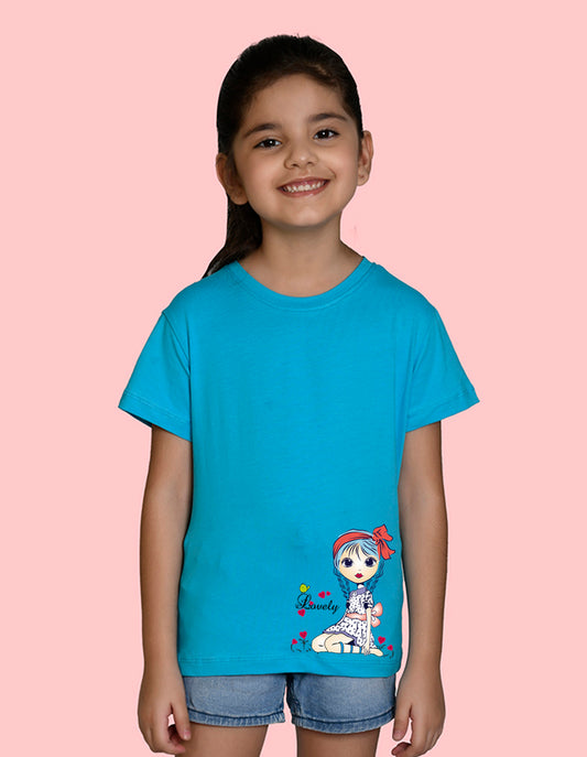 NUSYL Girls Half Sleeves Blue Lovely printed T-shirt