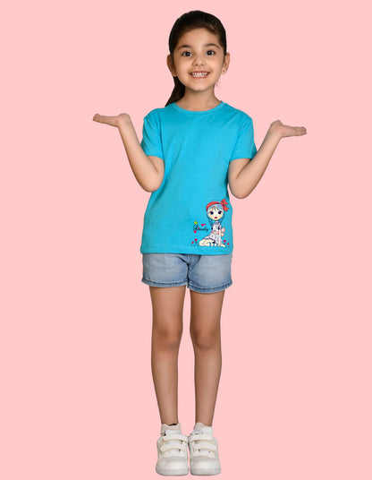 NUSYL Girls Half Sleeves Blue Lovely printed T-shirt