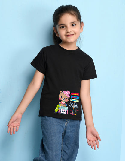 NUSYL Girls Half Sleeves Black Teddy bear printed T-shirt