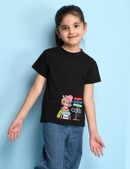 NUSYL Girls Half Sleeves Black Teddy bear printed T-shirt