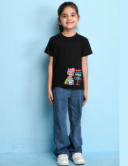 NUSYL Girls Half Sleeves Black Teddy bear printed T-shirt