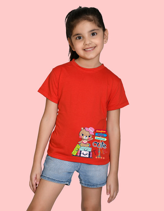 NUSYL Girls Half Sleeves Red Teddy bear printed T-shirt