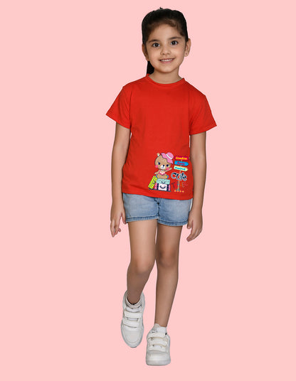 NUSYL Girls Half Sleeves Red Teddy bear printed T-shirt