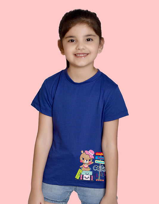NUSYL Girls Half Sleeves Royal blue Teddy bear printed T-shirt