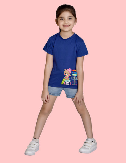 NUSYL Girls Half Sleeves Royal blue Teddy bear printed T-shirt