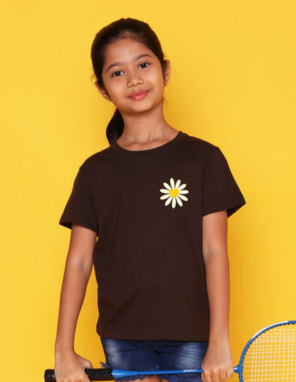 Nusyl Girls Brown Flowers Printed Half Sleeves T-Shirt