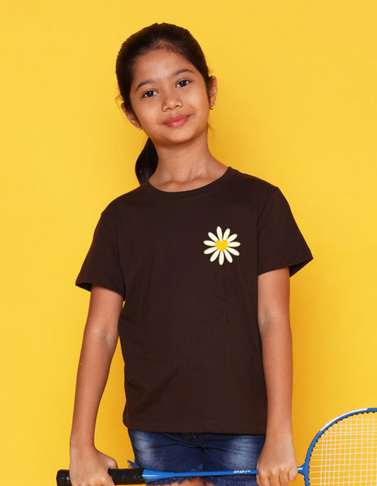Nusyl Girls Brown Flowers Printed Half Sleeves T-Shirt