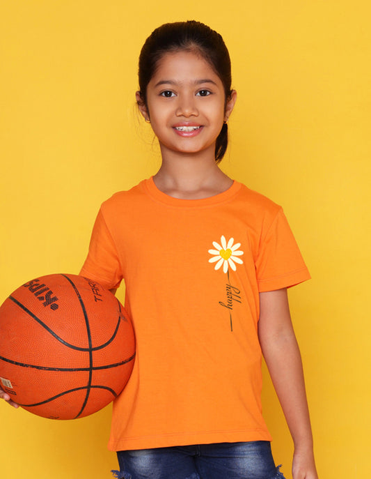 Nusyl Girls Orange Flowers Printed Half Sleeves T-Shirt