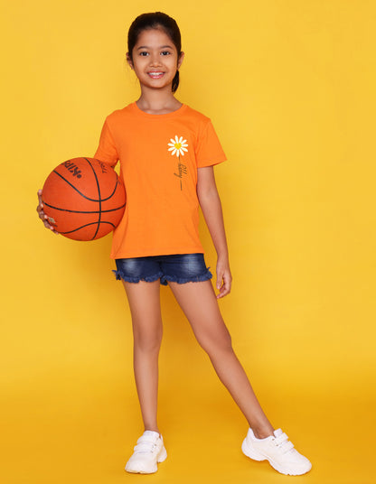 Nusyl Girls Orange Flowers Printed Half Sleeves T-Shirt