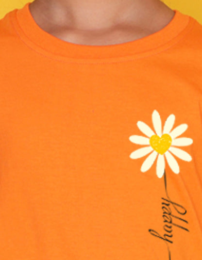 Nusyl Girls Orange Flowers Printed Half Sleeves T-Shirt