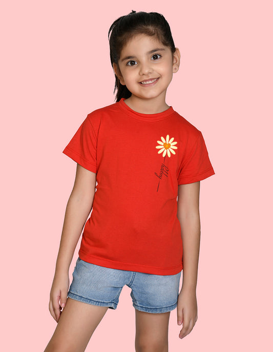 NUSYL Girls Half Sleeves Red Sun flower printed T-shirt
