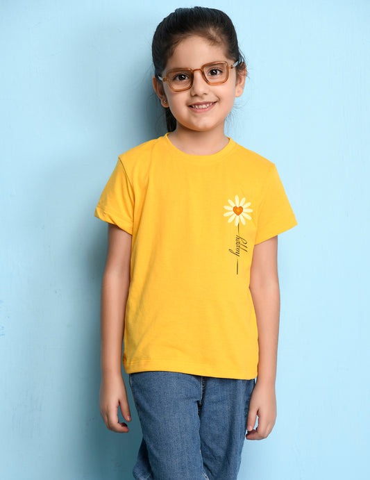 NUSYL Girls Half Sleeves Yellow Sun flower printed T-shirt