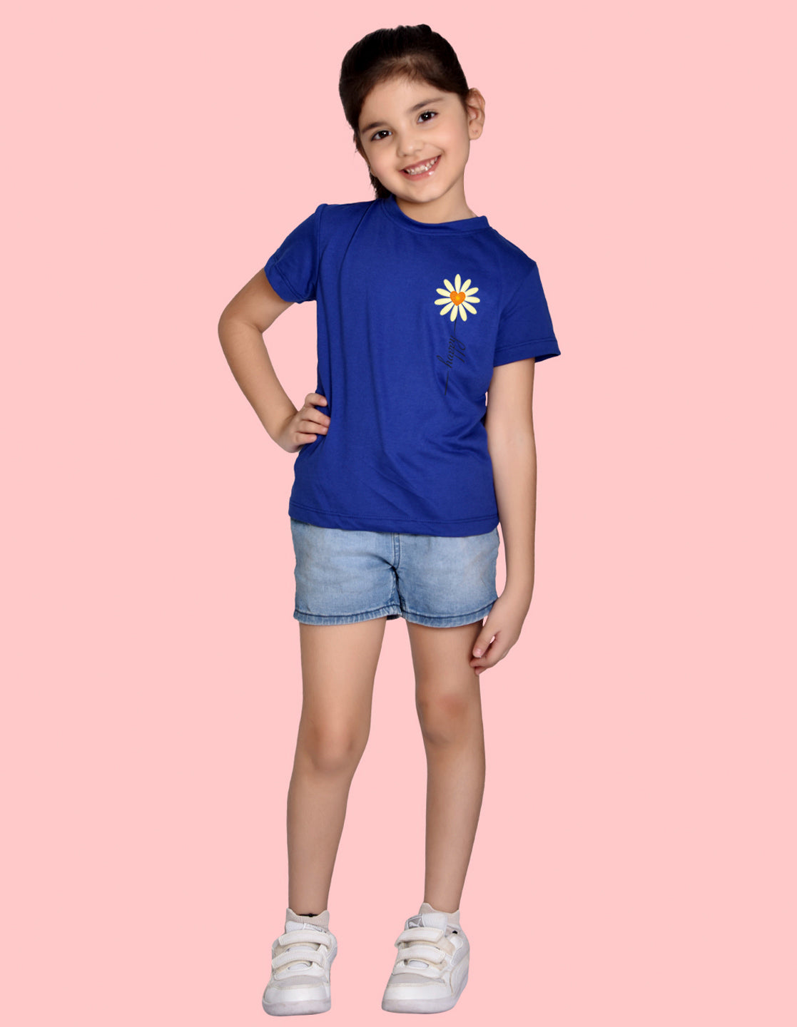 NUSYL Girls Half Sleeves Royal blue Sun flower printed T-shirt