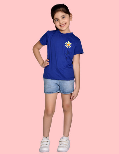 NUSYL Girls Half Sleeves Royal blue Sun flower printed T-shirt
